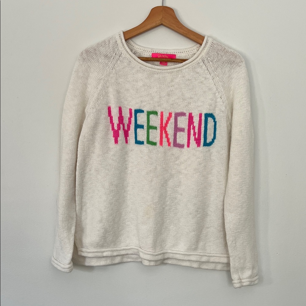 White Sweater with Colorful 'Weekend' Text